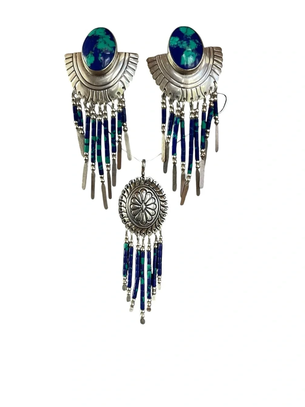Azurmalachite Sterling Silver Earrings & Concho Pendant Set